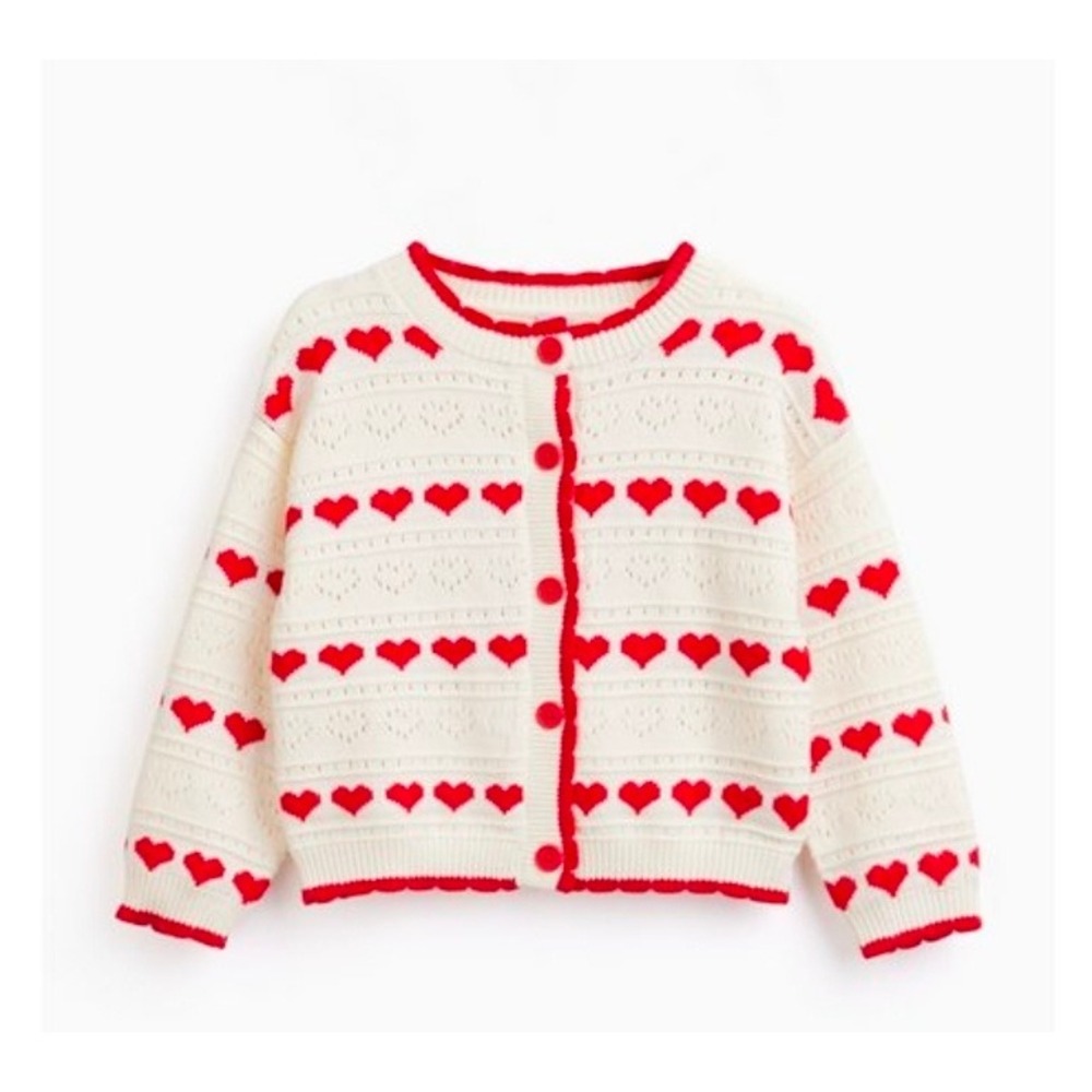 Tu Kids White Red Heart Knit Cardigan Sweater Size 3-4 Years Button Front Crew‎